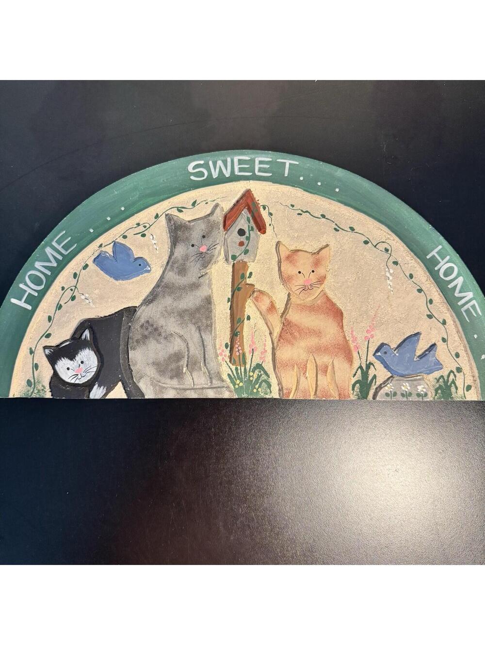 Vtg Wood Sign Welcome Hand Painted Kitty Cat Flowers Country Decor Home Sweet - Picture 1 of 9